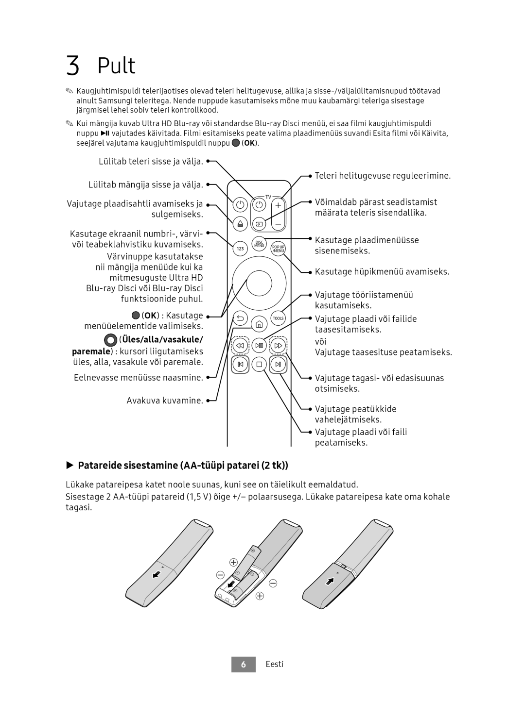 Samsung UBD-M8500/ZG, UBD-M8500/EN manual Pult, Patareide sisestamine AA-tüüpi patarei 2 tk, Üles/alla/vasakule 