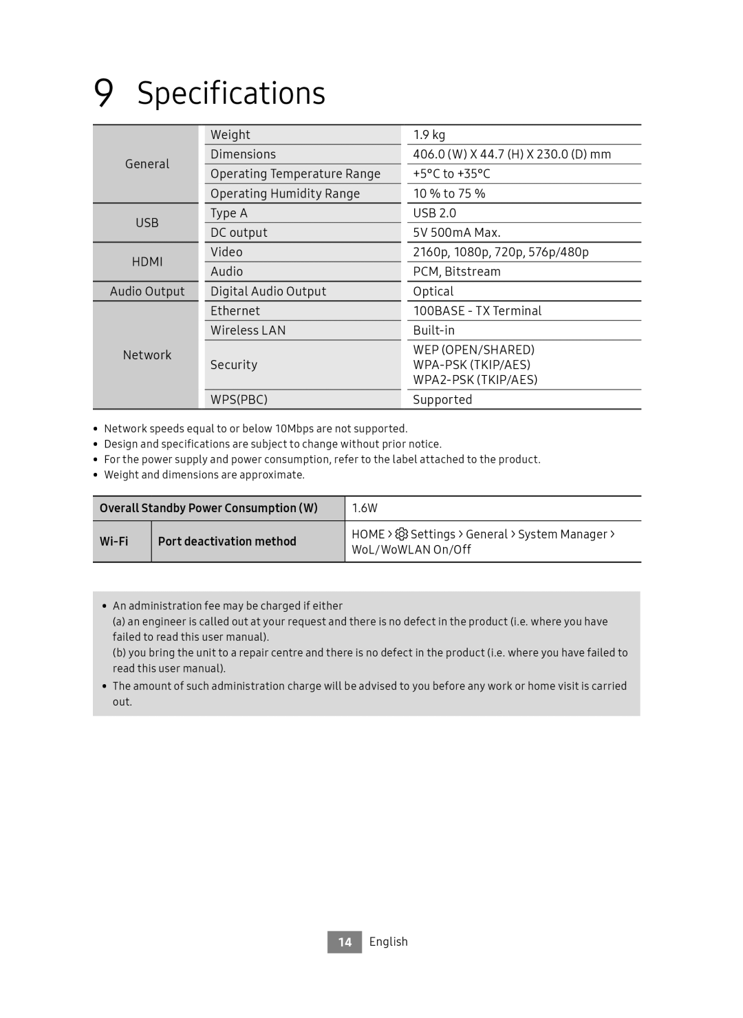 Samsung UBD-M8500/EN manual Specifications, Wi-Fi Port deactivation method 