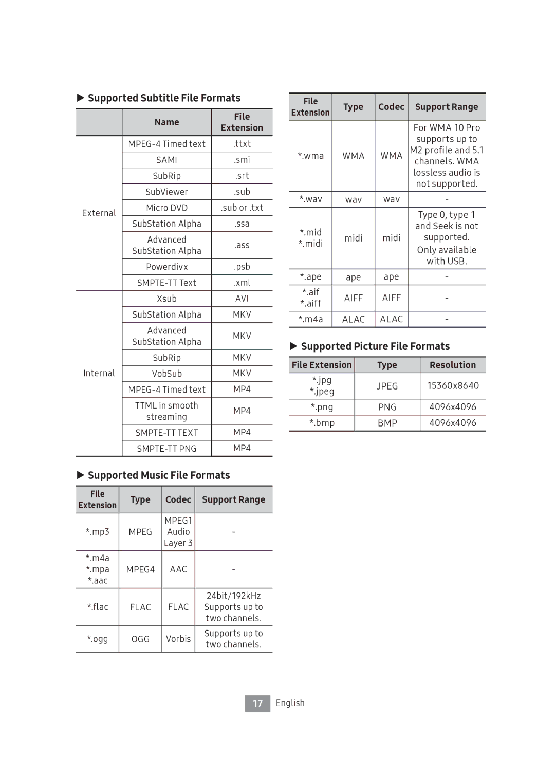 Samsung UBD-M8500/EN manual Supported Subtitle File Formats, Supported Music File Formats, Supported Picture File Formats 