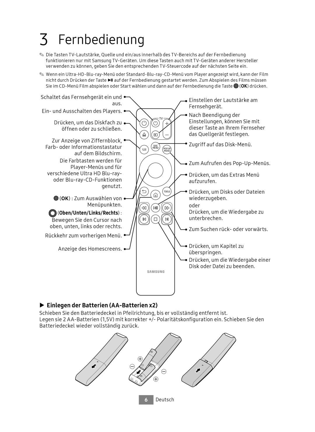 Samsung UBD-M8500/EN manual Fernbedienung, Einlegen der Batterien AA-Batterien, Oben/Unten/Links/Rechts 