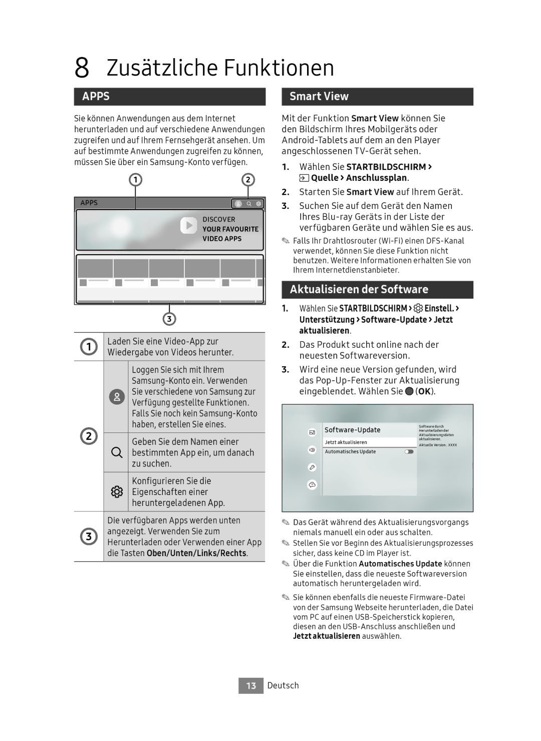 Samsung UBD-M8500/EN Zusätzliche Funktionen, Aktualisieren der Software, Wählen Sie Startbildschirm Quelle Anschlussplan 