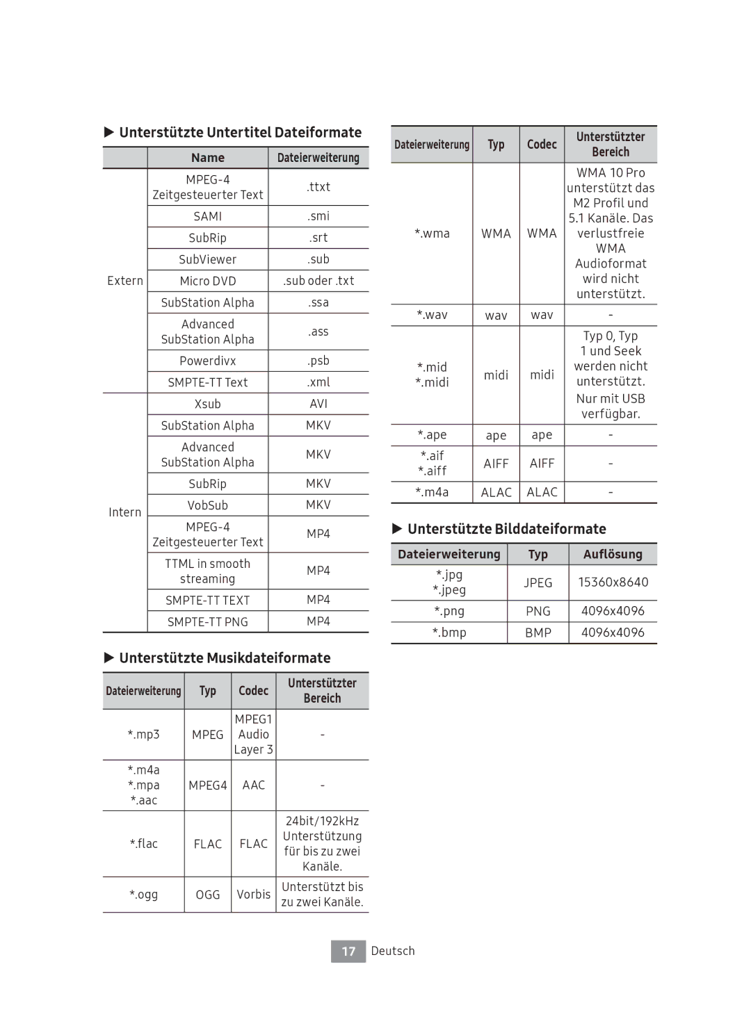 Samsung UBD-M8500/EN Unterstützte Untertitel Dateiformate, Unterstützte Musikdateiformate, Unterstützte Bilddateiformate 