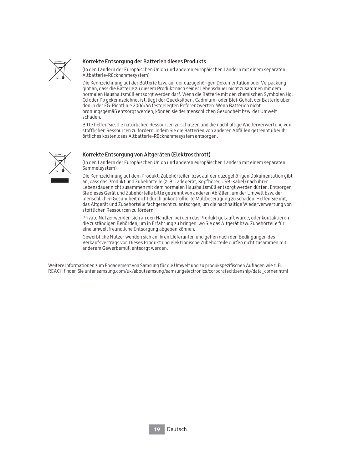 Samsung UBD-M8500/EN Korrekte Entsorgung der Batterien dieses Produkts, Korrekte Entsorgung von Altgeräten Elektroschrott 