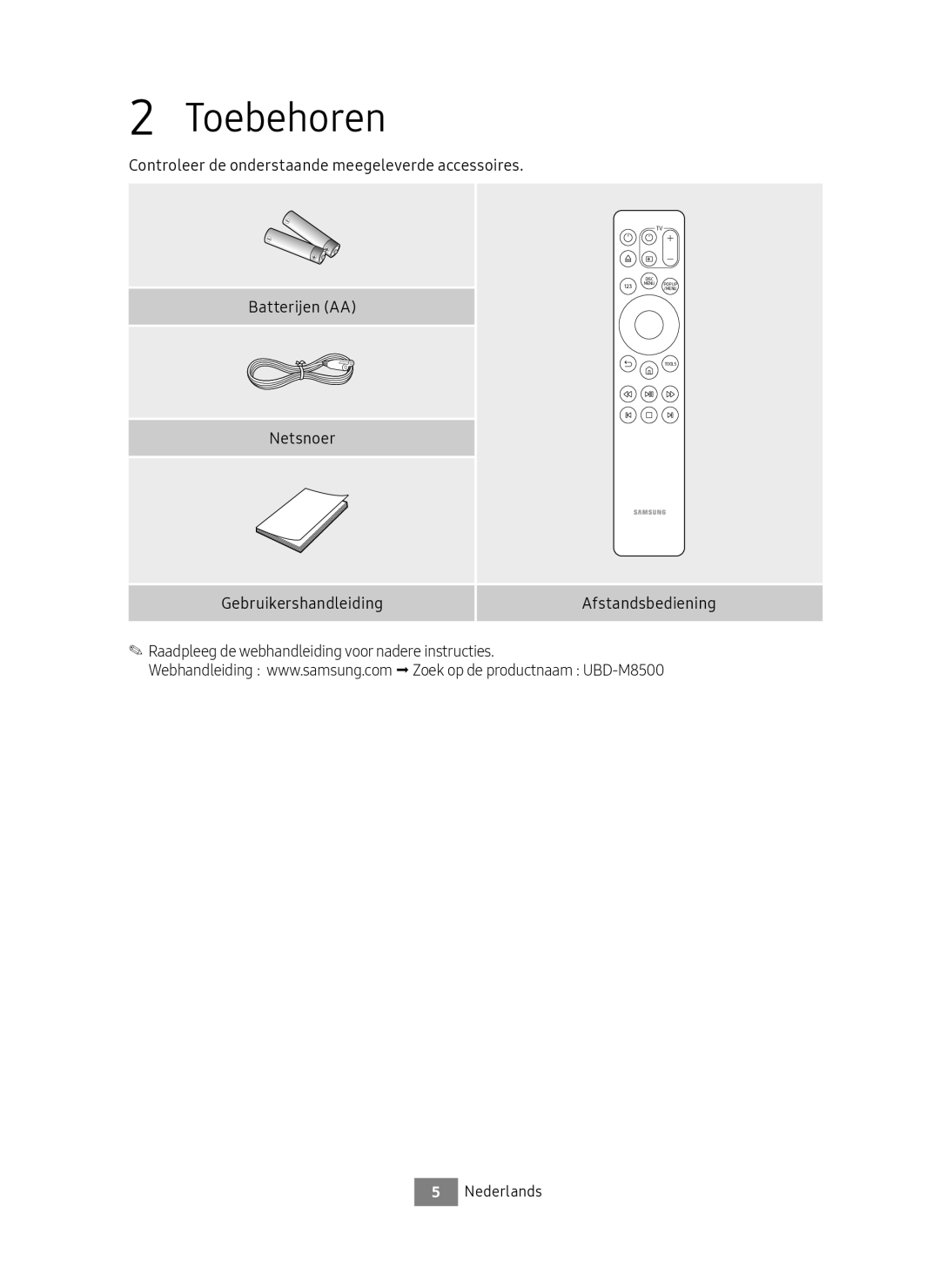 Samsung UBD-M8500/EN manual Toebehoren 