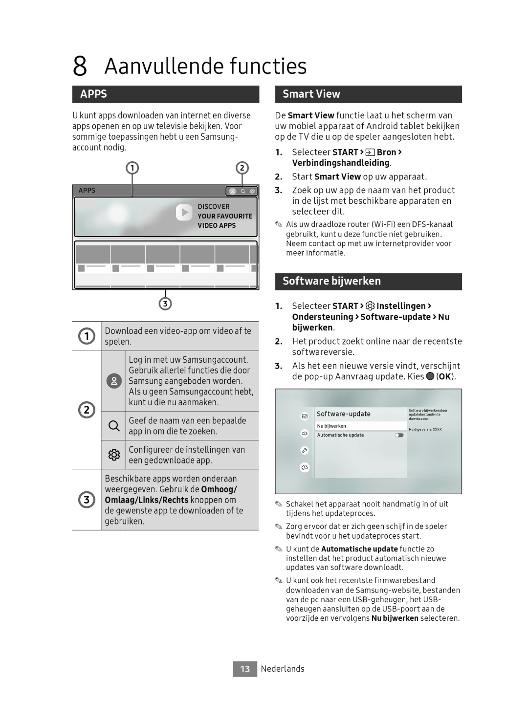 Samsung UBD-M8500/EN manual Aanvullende functies, Software bijwerken, Selecteer Start Bron Verbindingshandleiding 