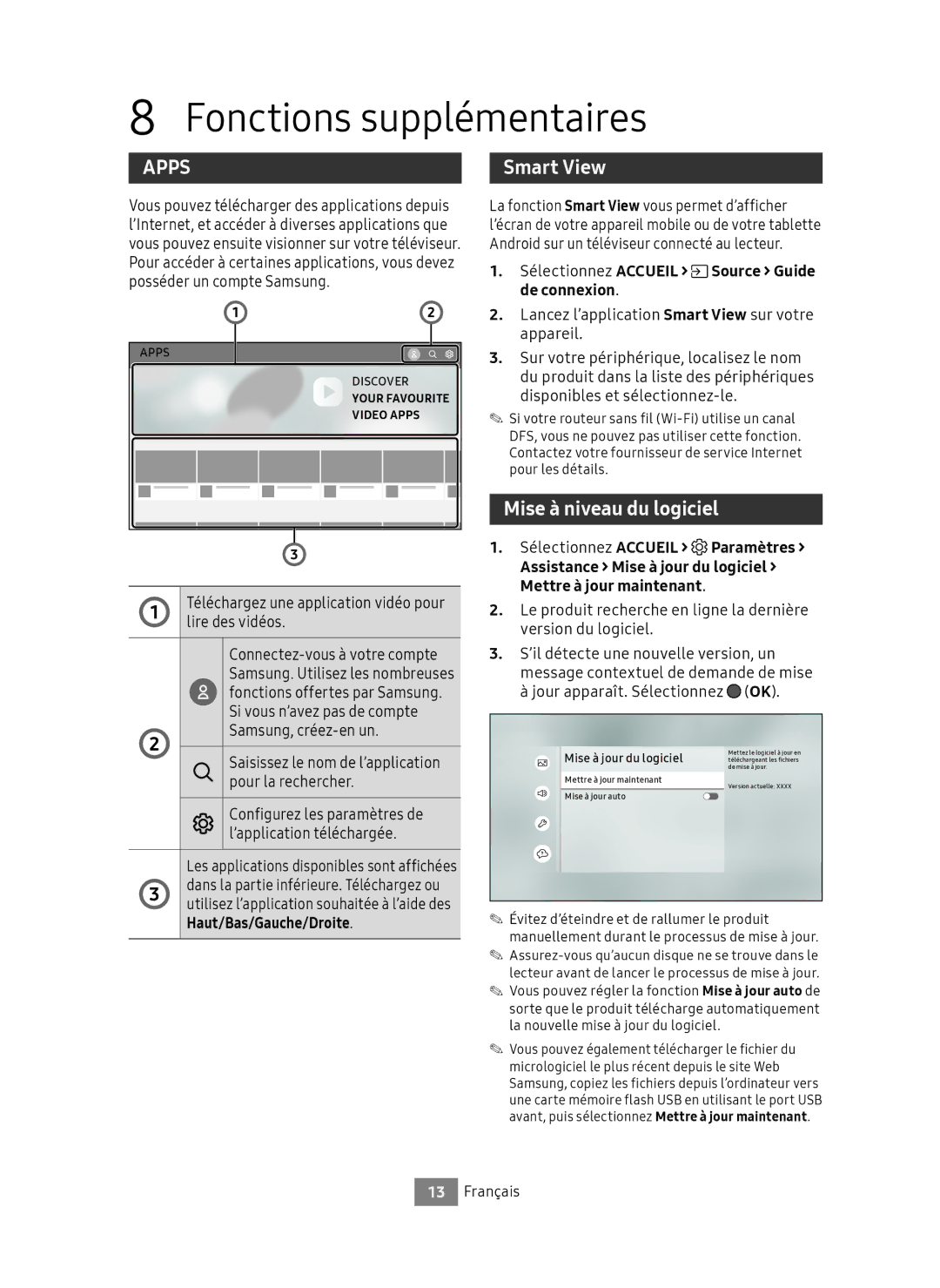 Samsung UBD-M8500/EN manual Fonctions supplémentaires, Mise à niveau du logiciel 