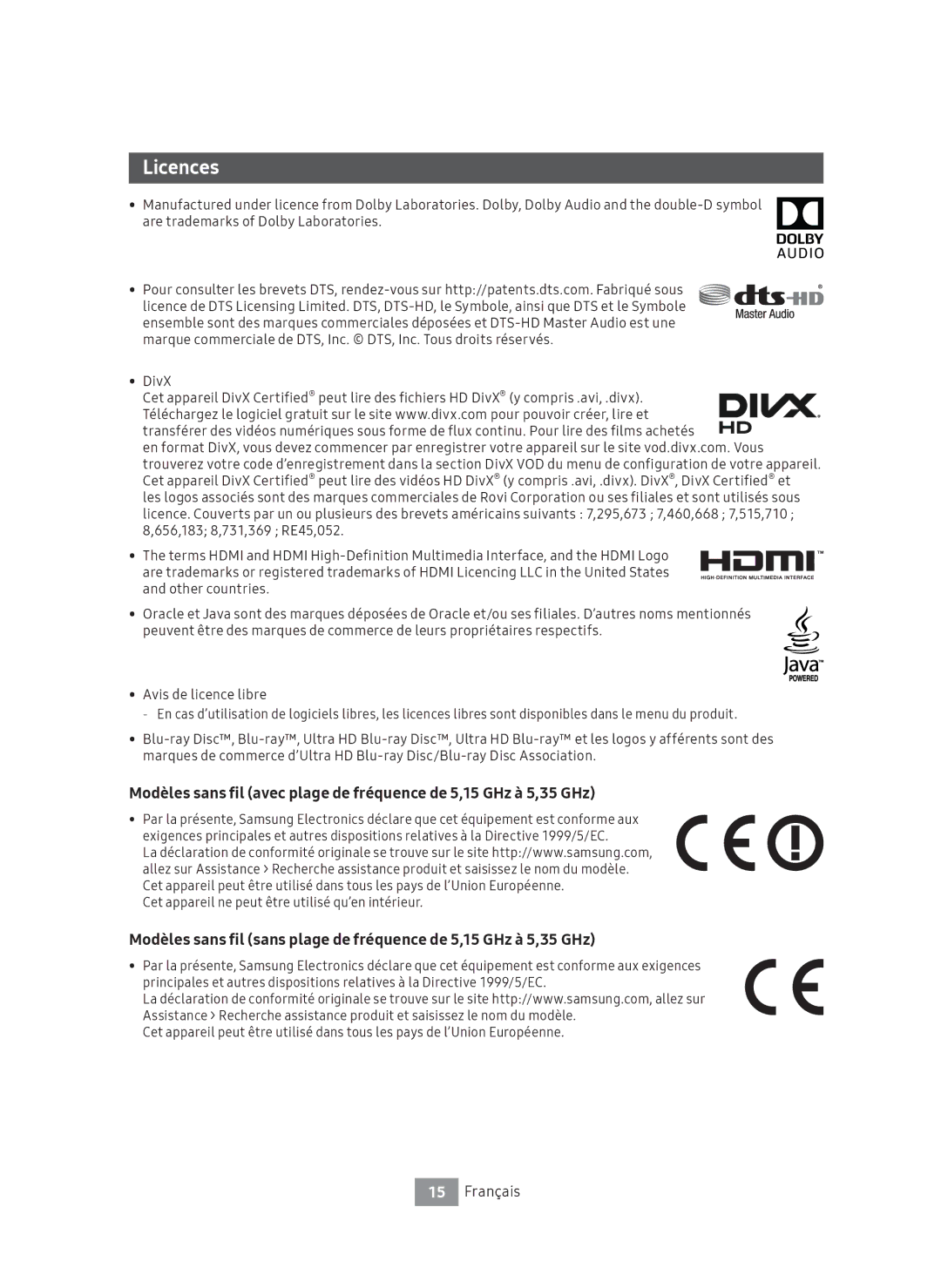 Samsung UBD-M8500/EN manual Cet appareil ne peut être utilisé qu’en intérieur 