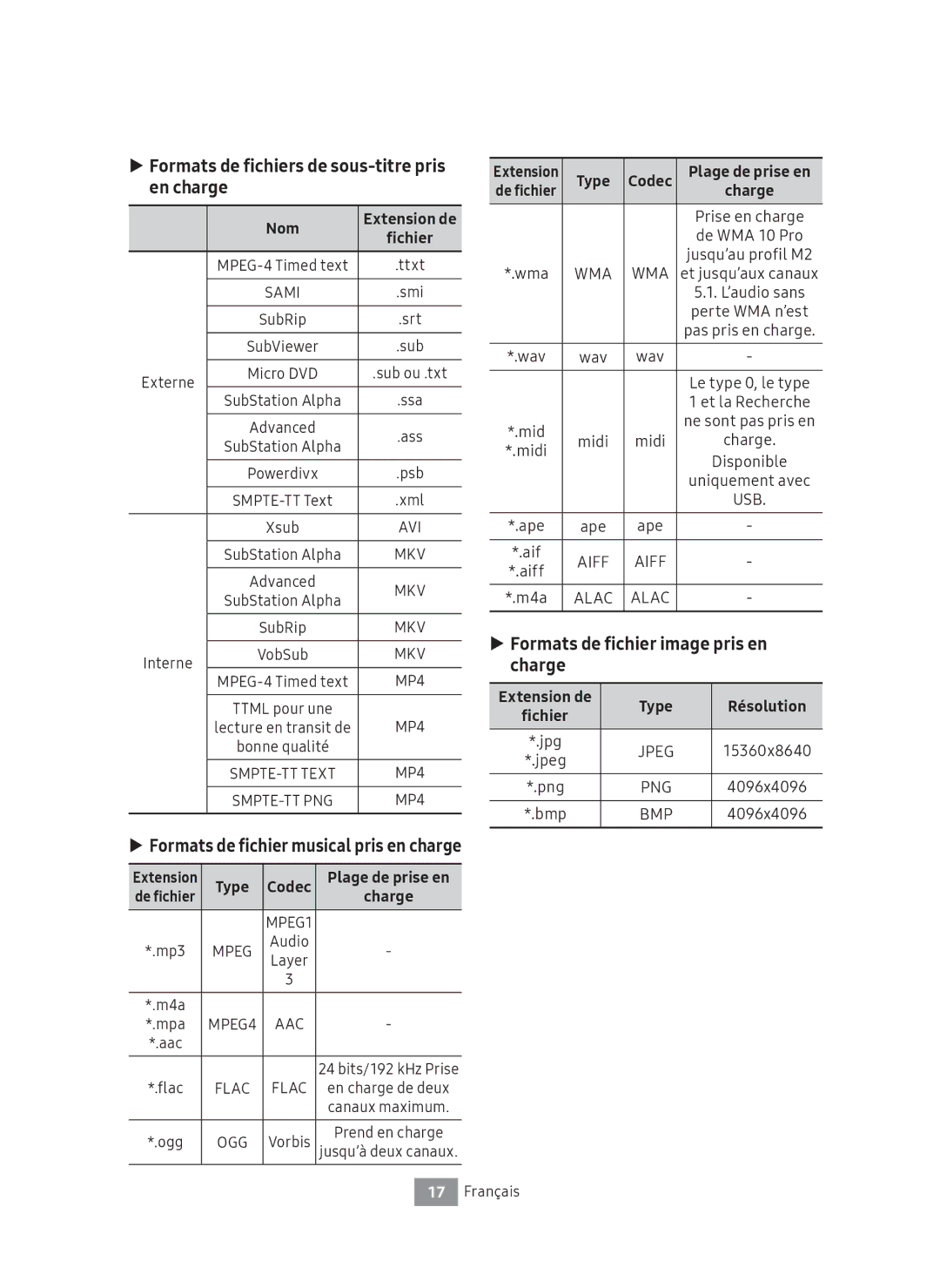 Samsung UBD-M8500/EN manual Formats de fichiers de sous-titre pris en charge, Formats de fichier image pris en charge, Nom 