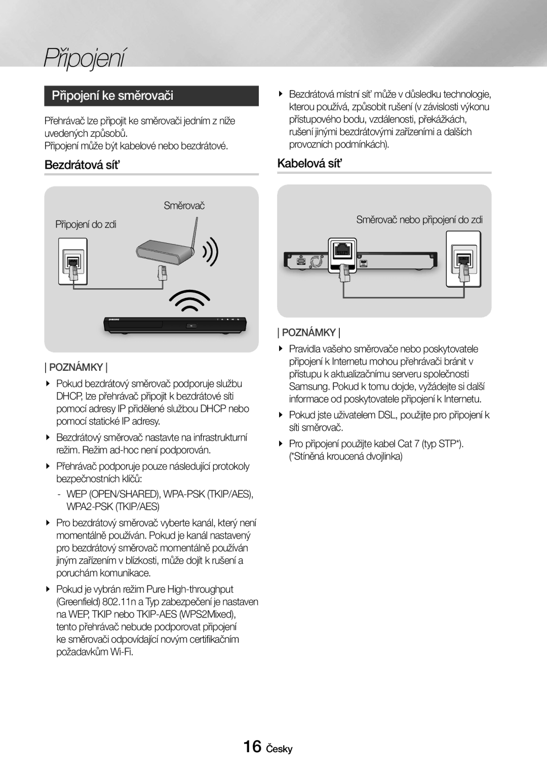 Samsung UBD-M8500/EN manual Připojení ke směrovači, Bezdrátová síť, Kabelová síť 