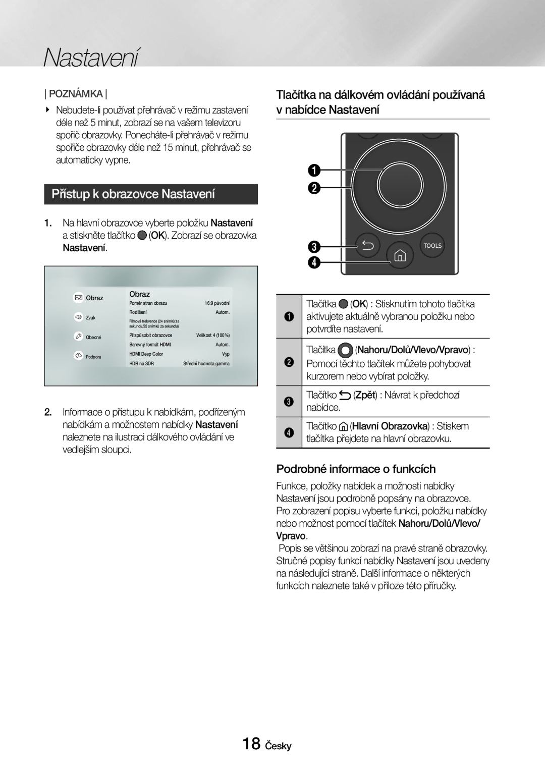 Samsung UBD-M8500/EN manual Přístup k obrazovce Nastavení, Tlačítka na dálkovém ovládání používaná v nabídce Nastavení 