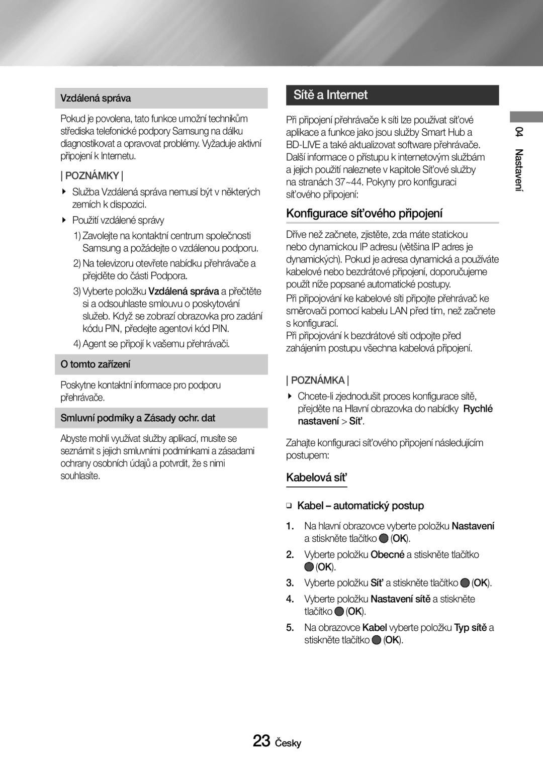 Samsung UBD-M8500/EN manual Sítě a Internet, Konfigurace síťového připojení, Kabelová síť, Vzdálená správa 