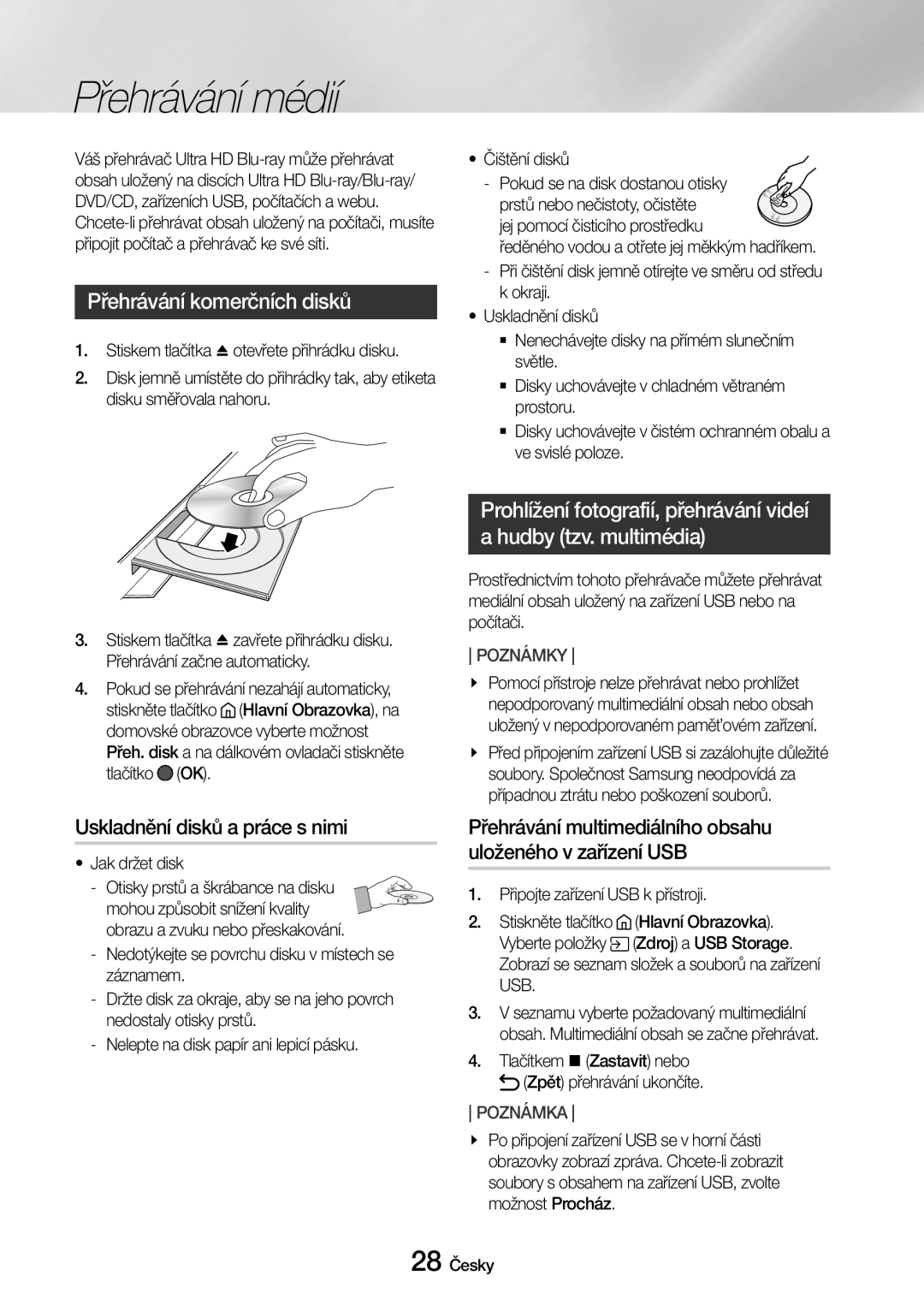 Samsung UBD-M8500/EN manual Přehrávání médií, Přehrávání komerčních disků, Uskladnění disků a práce s nimi 