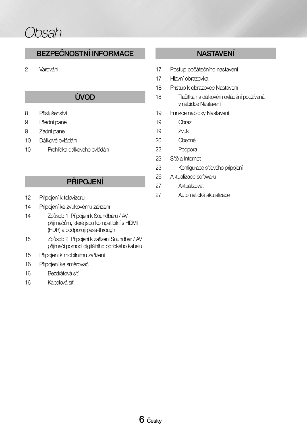 Samsung UBD-M8500/EN manual Obsah, Varování, Příslušenství Přední panel Zadní panel 10 Dálkové ovládání 