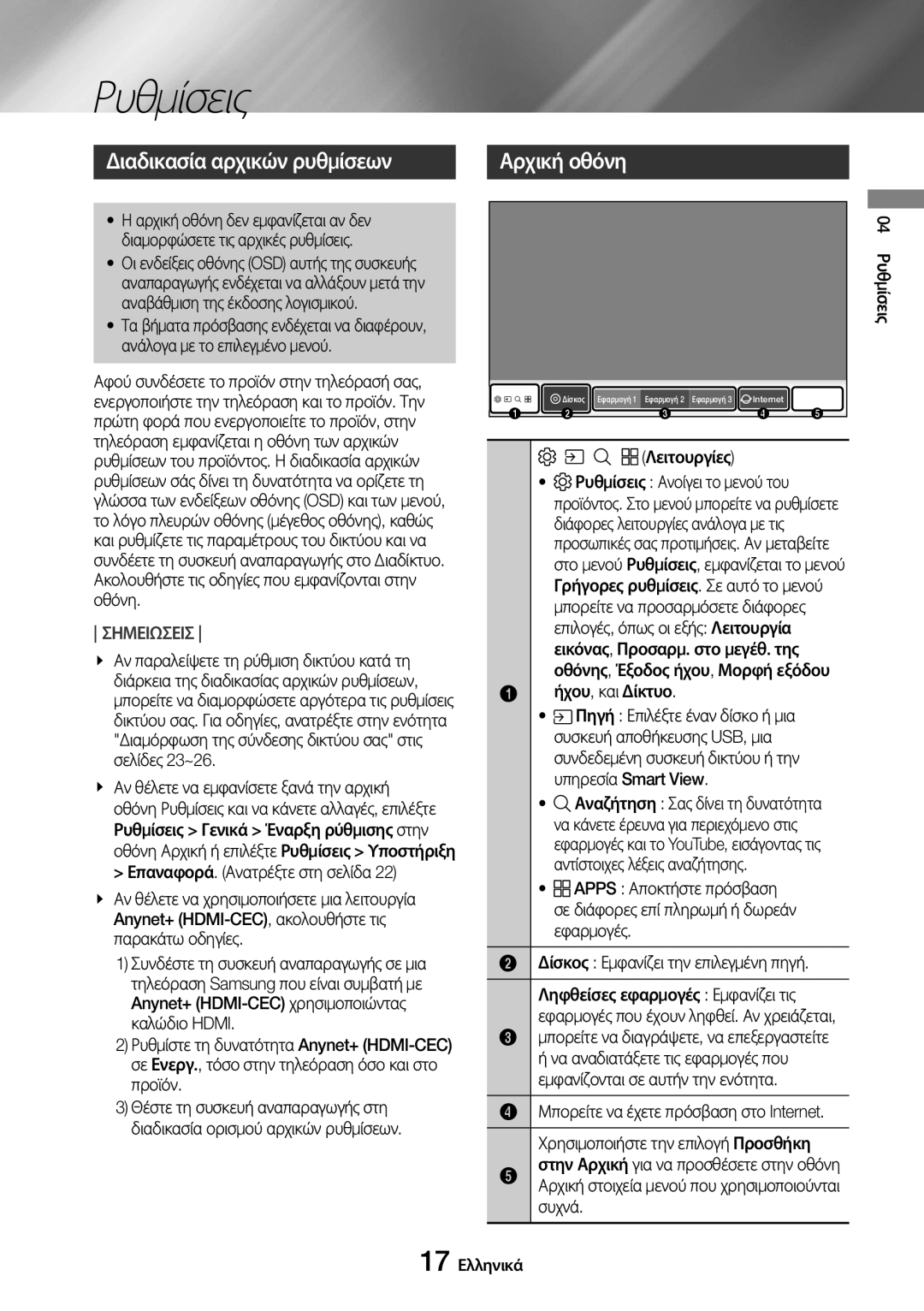 Samsung UBD-M8500/EN manual Ρυθμίσεις, Διαδικασία αρχικών ρυθμίσεων, Αρχική οθόνη 