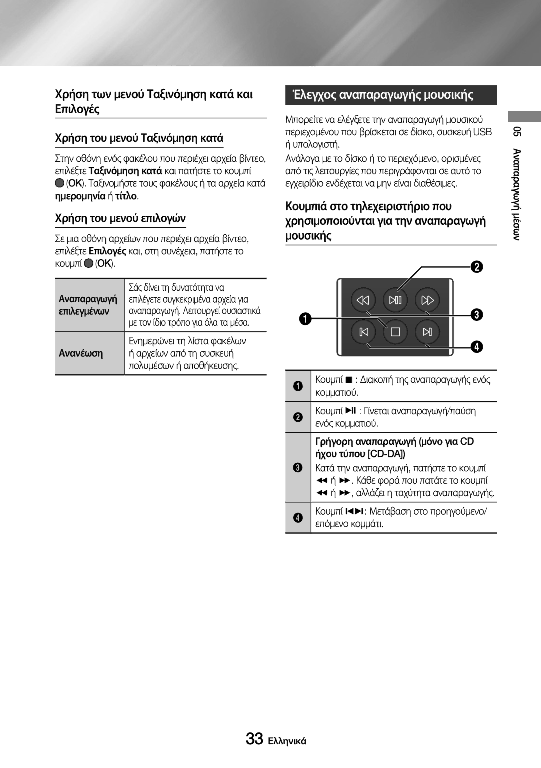 Samsung UBD-M8500/EN Χρήση των μενού Ταξινόμηση κατά και Επιλογές, Έλεγχος αναπαραγωγής μουσικής, Χρήση του μενού επιλογών 