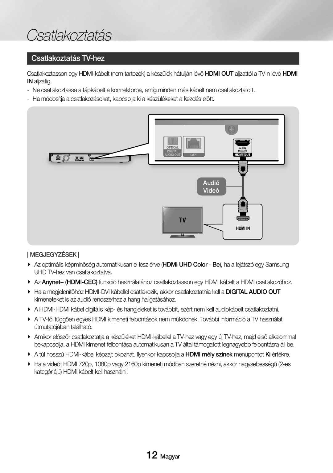 Samsung UBD-M8500/EN manual Csatlakoztatás TV-hez, Kimeneteket is az audió rendszerhez a hang hallgatásához 