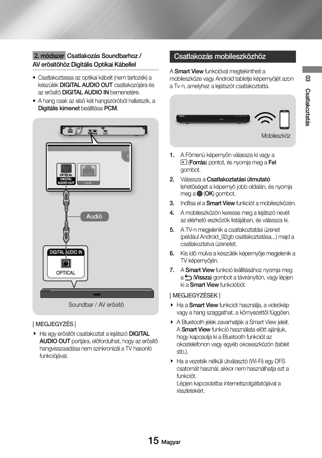 Samsung UBD-M8500/EN manual Csatlakozás mobileszközhöz, Digitális kimenet beállítása PCM, Mobileszköz 