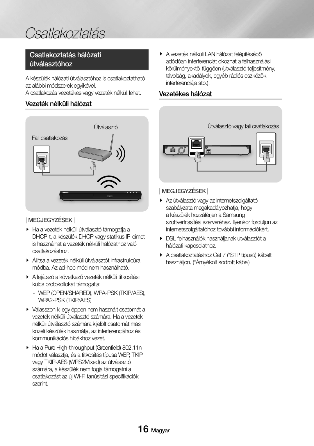 Samsung UBD-M8500/EN manual Csatlakoztatás hálózati útválasztóhoz, Vezeték nélküli hálózat, Vezetékes hálózat 