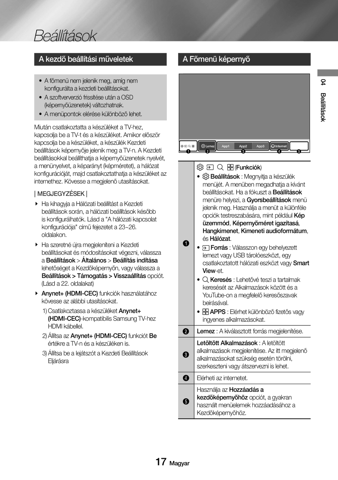 Samsung UBD-M8500/EN manual Kezdő beállítási műveletek, Főmenü képernyő 