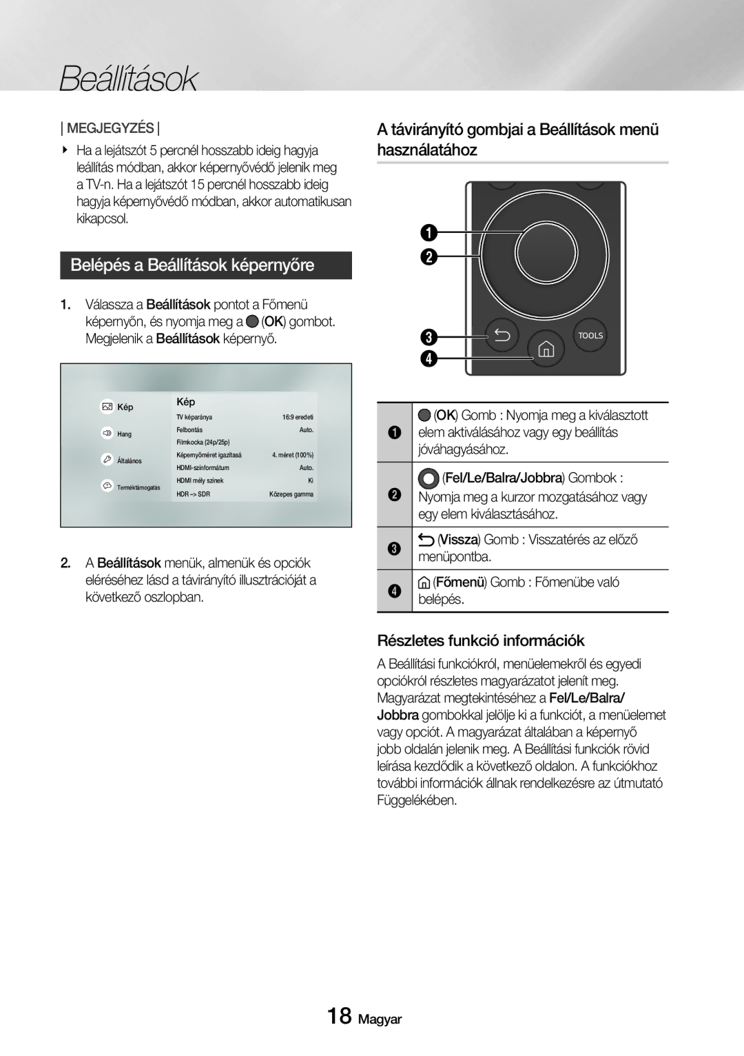 Samsung UBD-M8500/EN manual Belépés a Beállítások képernyőre, Távirányító gombjai a Beállítások menü használatához 