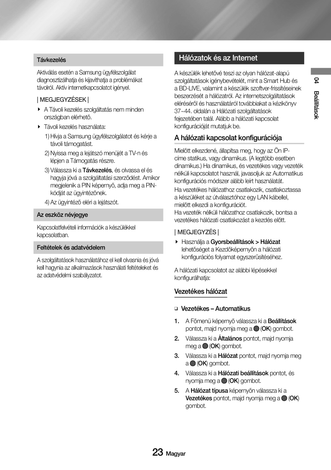 Samsung UBD-M8500/EN manual Hálózatok és az Internet, Hálózati kapcsolat konfigurációja, Vezetékes hálózat 