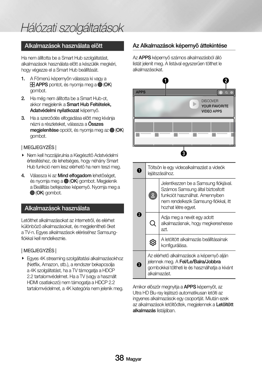 Samsung UBD-M8500/EN manual Alkalmazások használata előtt 