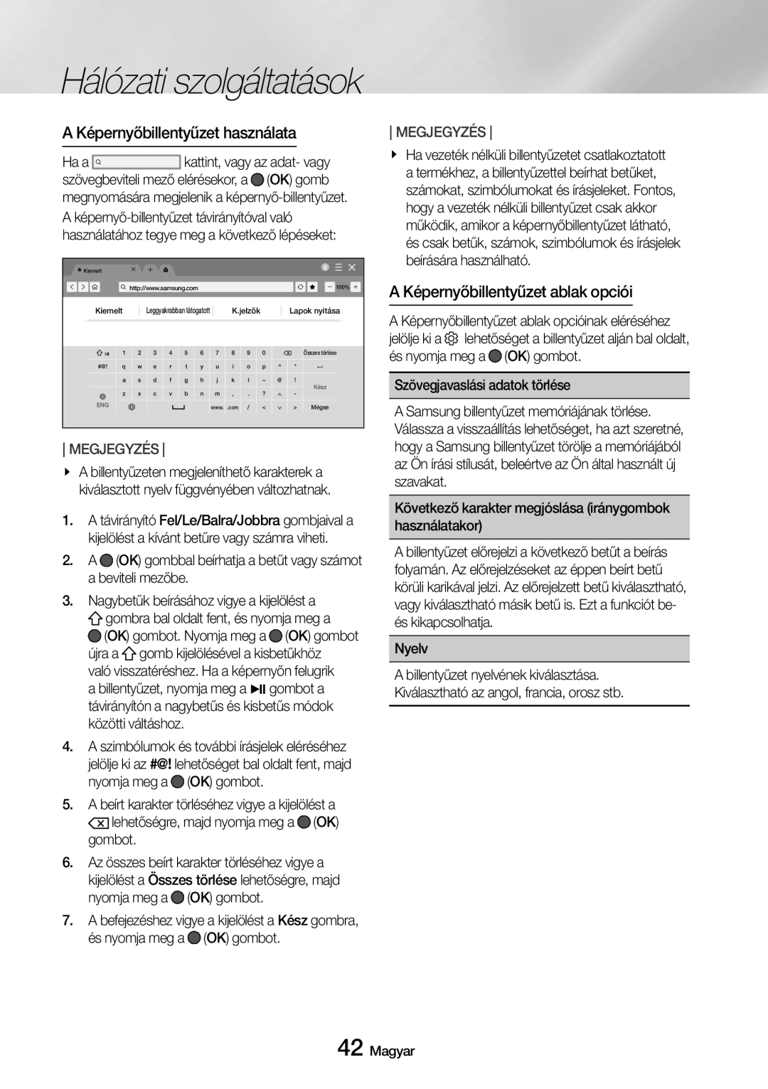 Samsung UBD-M8500/EN manual Képernyőbillentyűzet használata, Képernyőbillentyűzet ablak opciói 