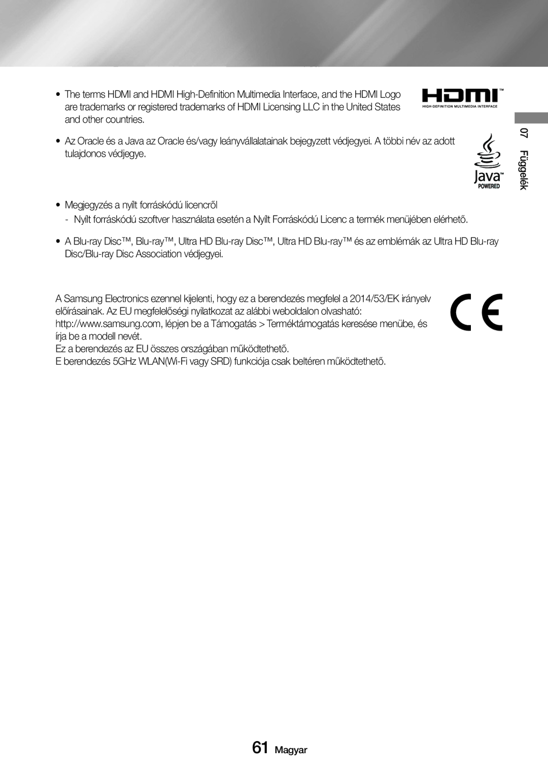 Samsung UBD-M8500/EN manual 07 Függelék Magyar 