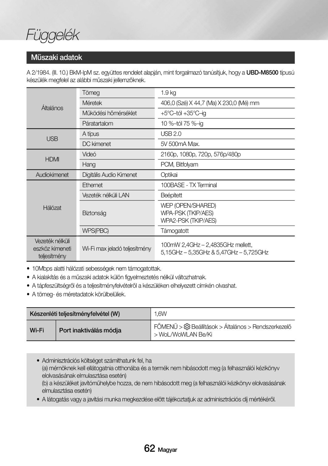 Samsung UBD-M8500/EN manual Műszaki adatok, Wep Open/Shared, Wpa-Psk Tkip/Aes, WPA2-PSK TKIP/AES, Wpspbc 