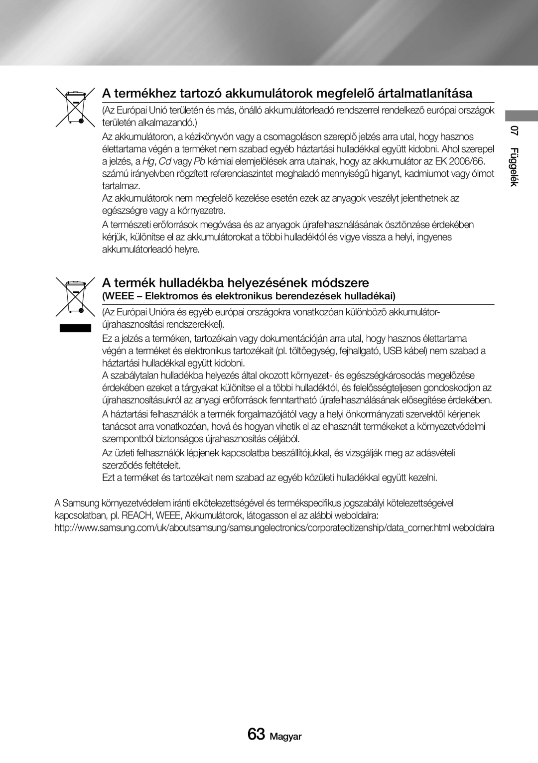 Samsung UBD-M8500/EN manual Termékhez tartozó akkumulátorok megfelelő ártalmatlanítása 