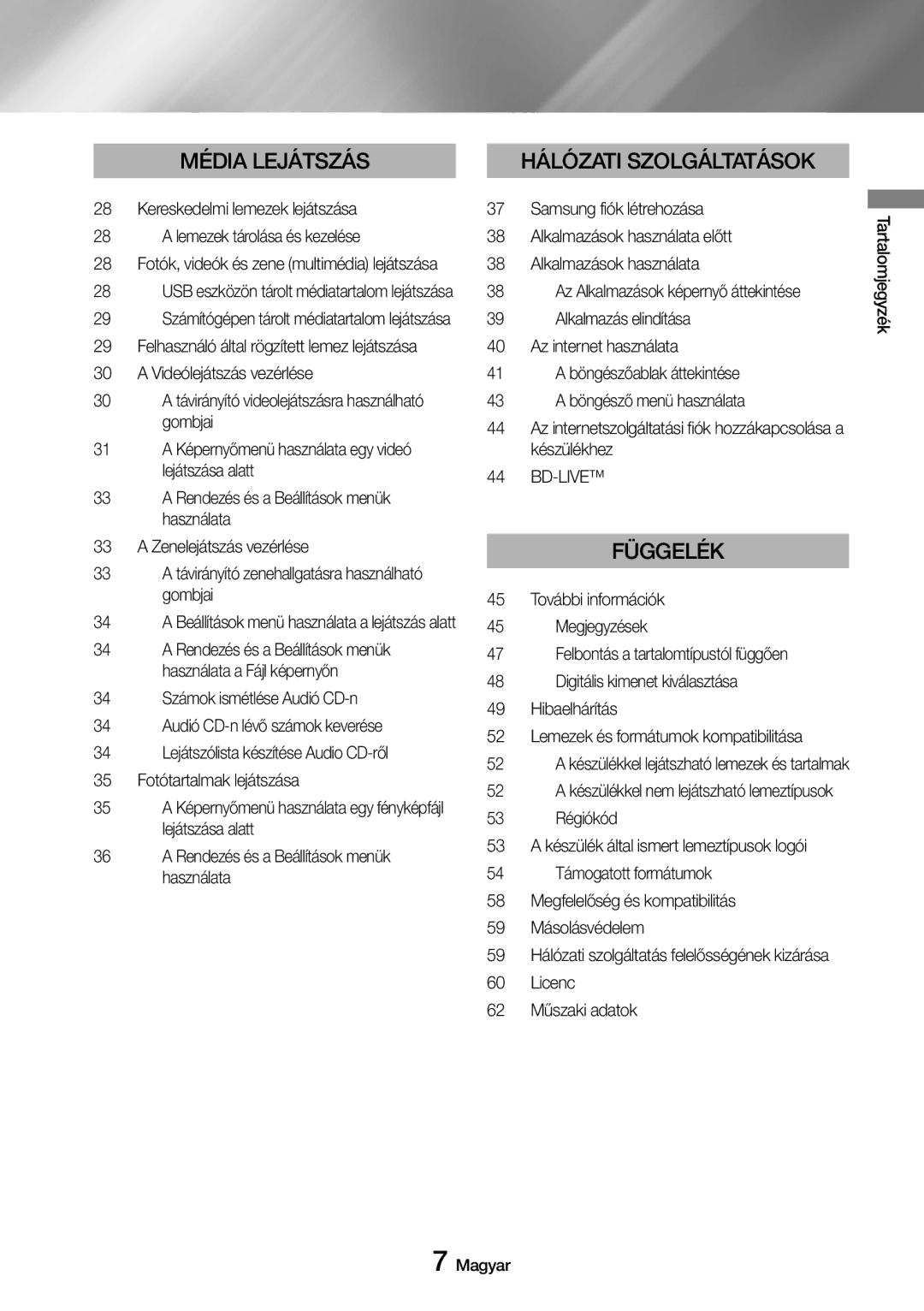 Samsung UBD-M8500/EN manual Bd-Live, Licenc 62 Műszaki adatok 