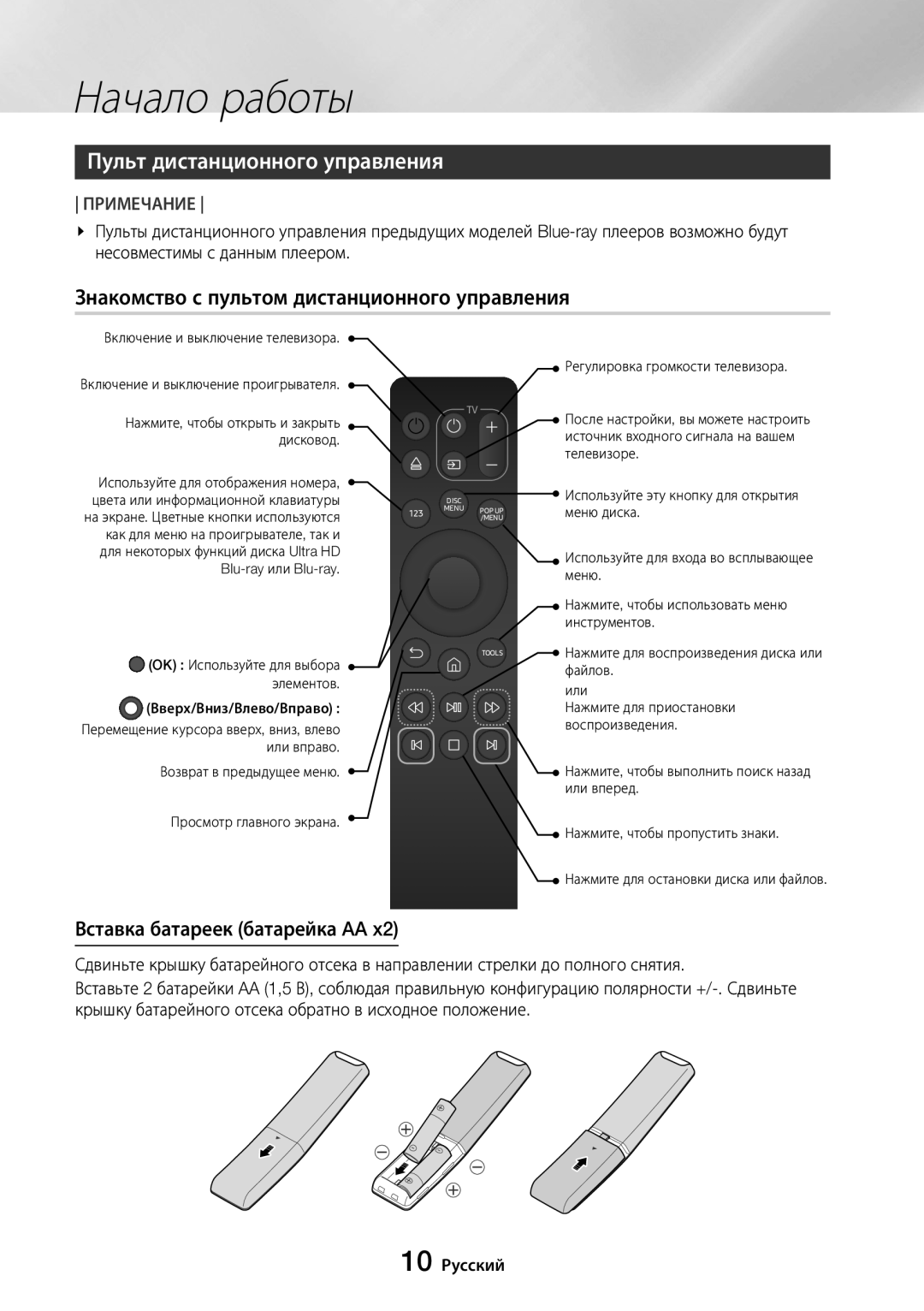 Samsung UBD-M8500/RU manual Пульт дистанционного управления, Знакомство с пультом дистанционного управления, 10 Русский 