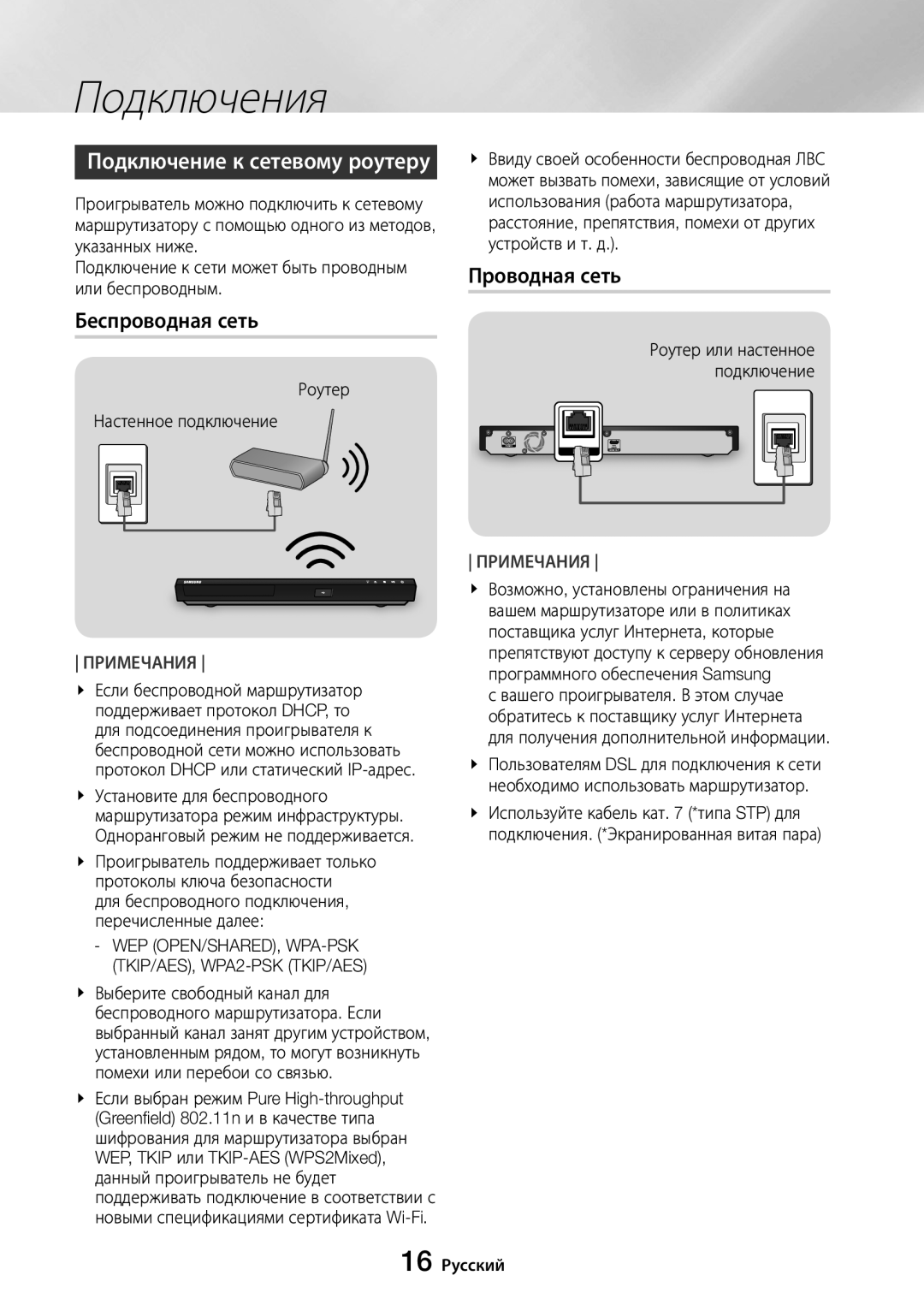 Samsung UBD-M8500/RU manual Подключение к сетевому роутеру, Беспроводная сеть, Проводная сеть, Роутер Настенное подключение 