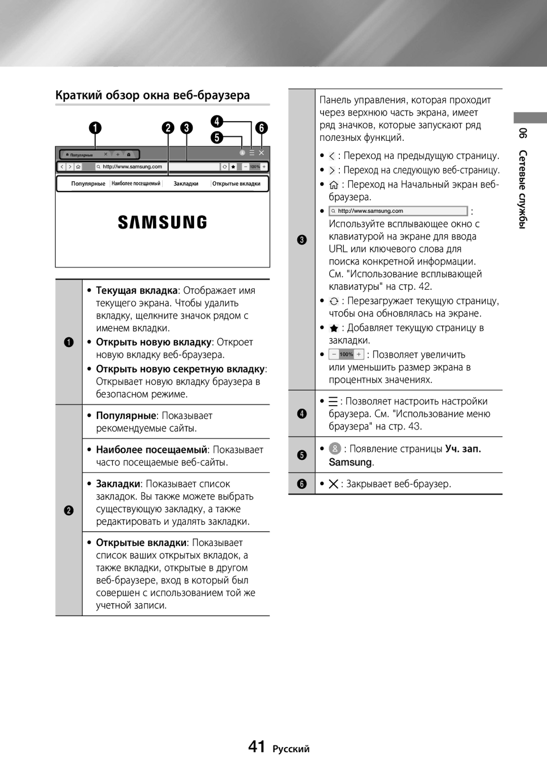 Samsung UBD-M8500/RU manual Краткий обзор окна веб-браузера 