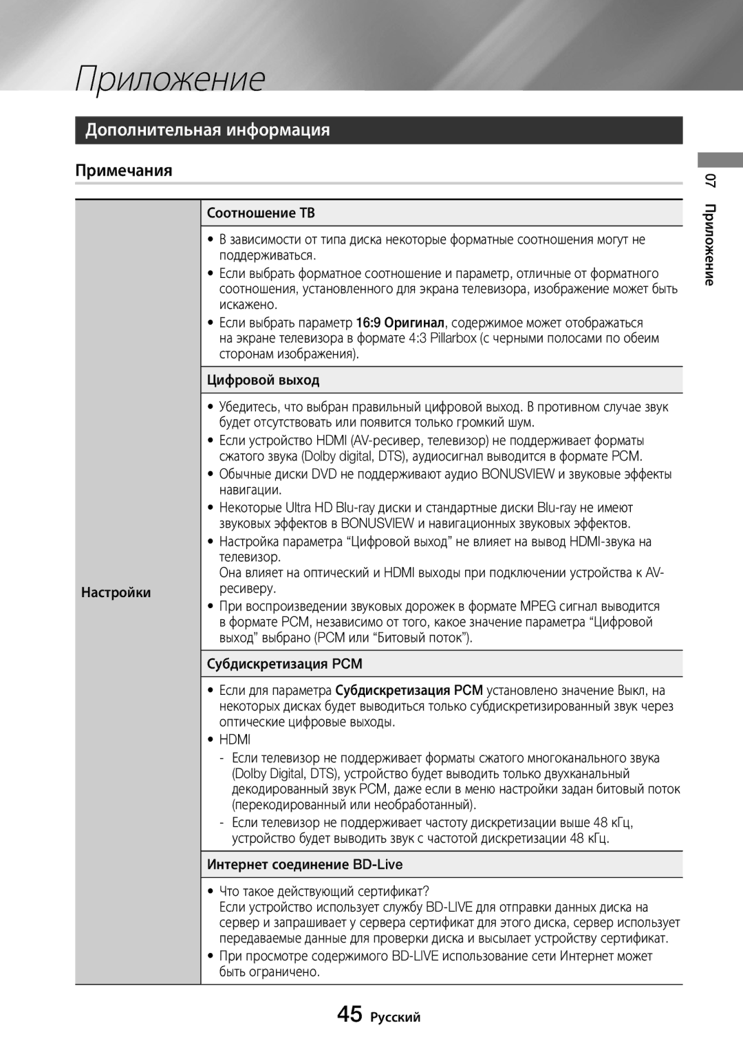 Samsung UBD-M8500/RU manual Приложение, Дополнительная информация, Примечания 