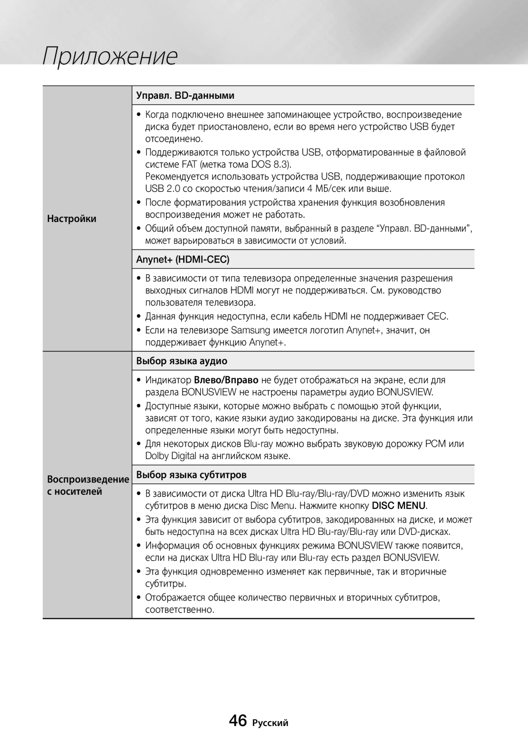 Samsung UBD-M8500/RU Управл. BD-данными, Отсоединено, Системе FAT метка тома DOS, Anynet+ HDMI-CEC, Выбор языка аудио 