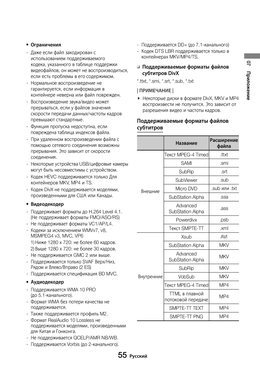 Samsung UBD-M8500/RU manual Поддерживаемые форматы файлов, Субтитров, Mkv 