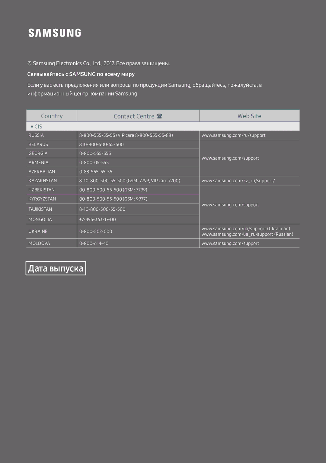 Samsung UBD-M8500/RU manual Дата выпуска 