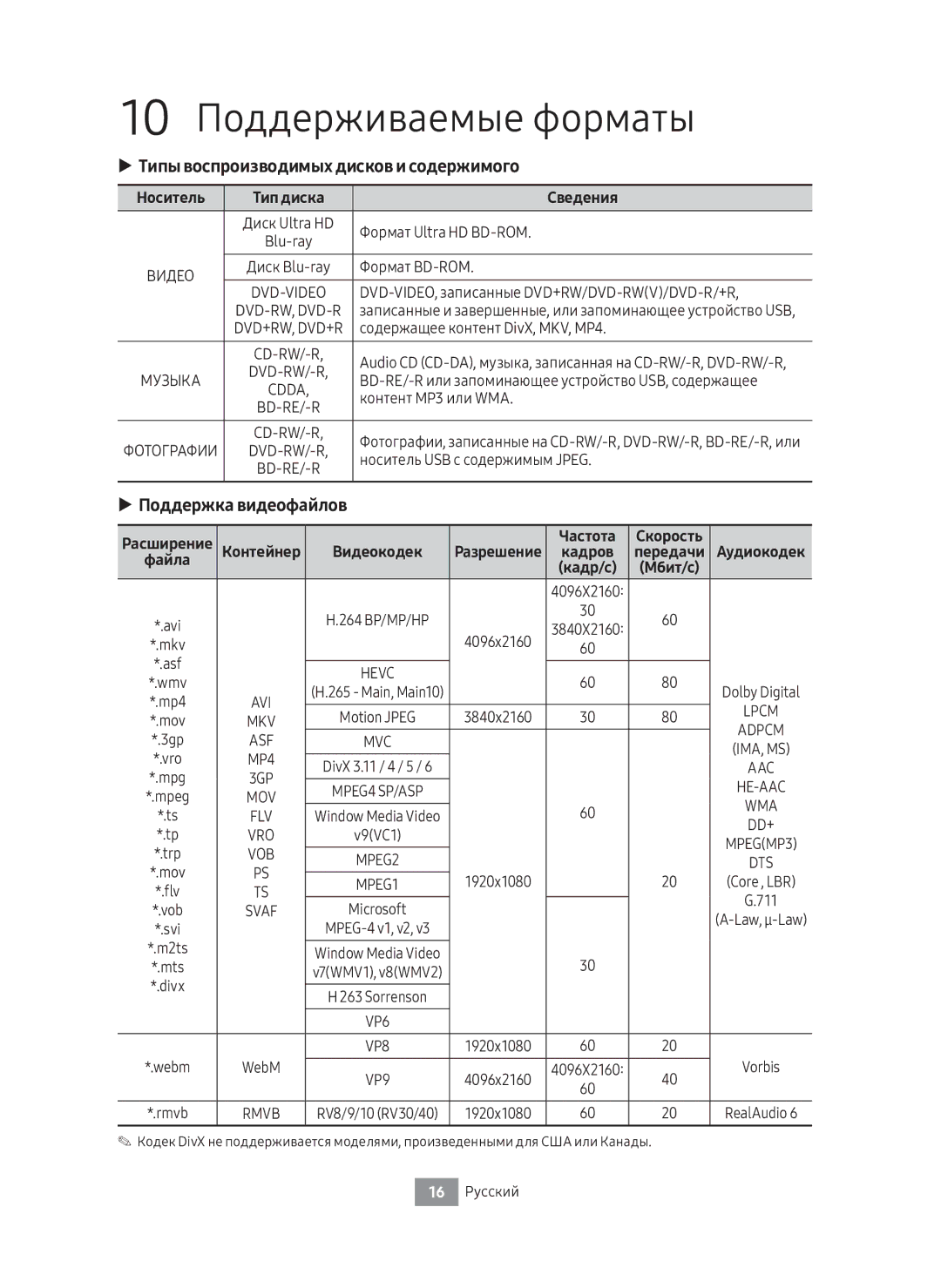 Samsung UBD-M8500/RU manual 10 Поддерживаемые форматы, Типы воспроизводимых дисков и содержимого, Поддержка видеофайлов 