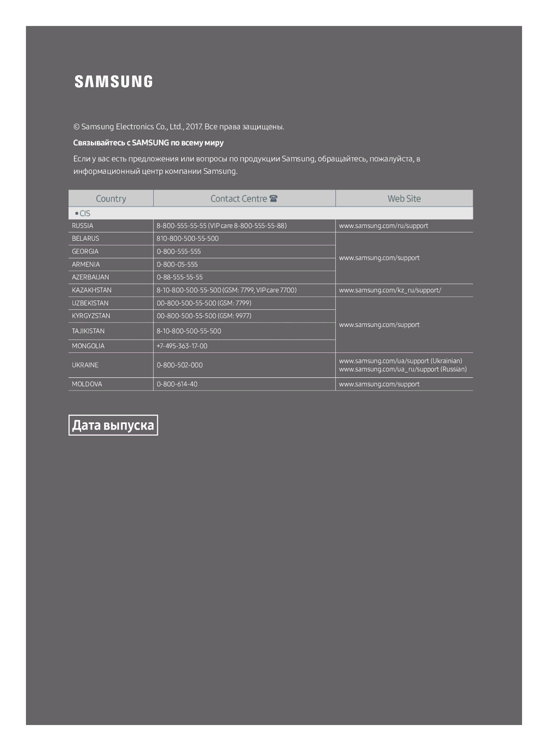 Samsung UBD-M8500/RU manual Дата выпуска 