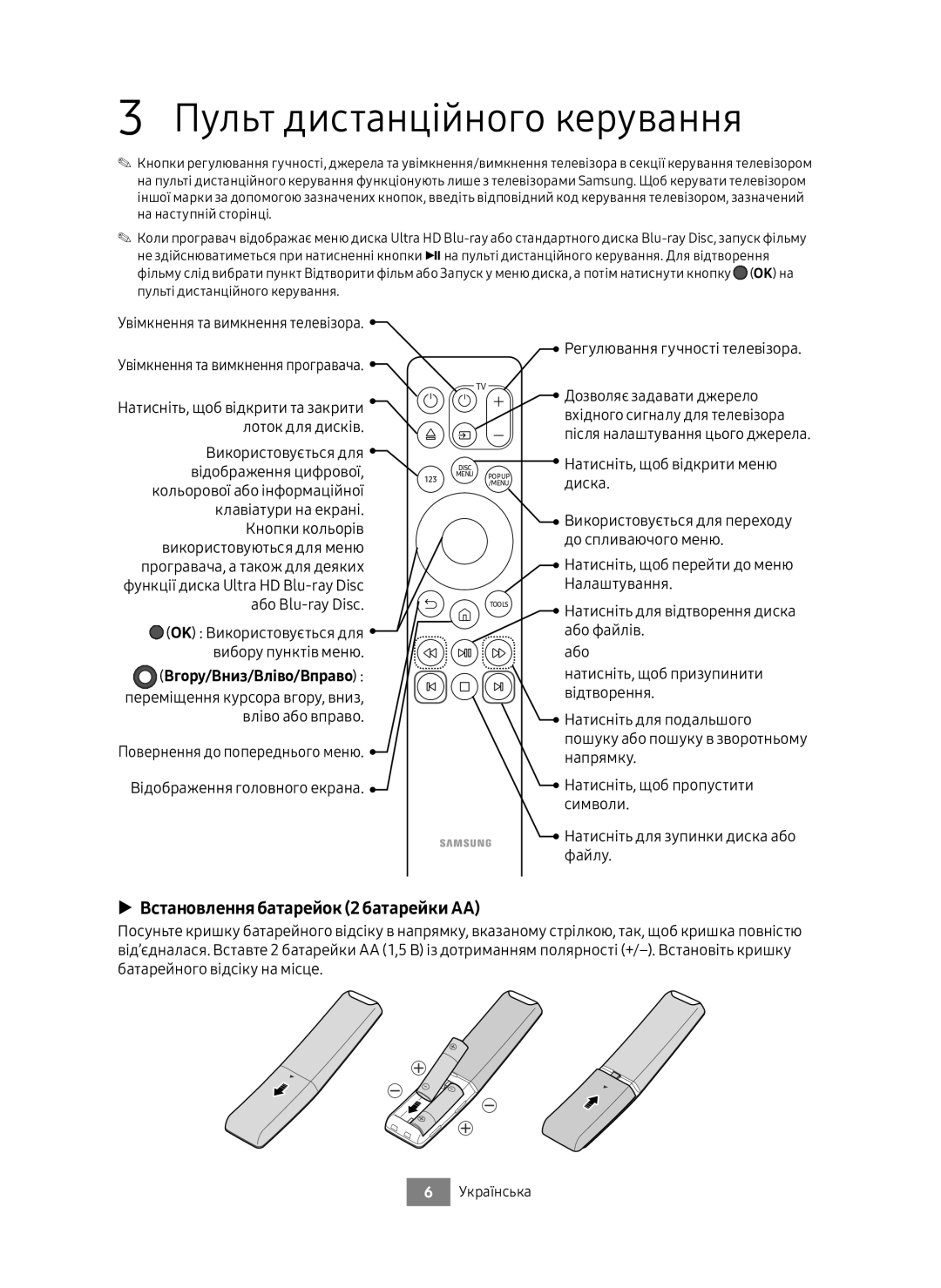 Samsung UBD-M8500/RU manual Пульт дистанційного керування, Встановлення батарейок 2 батарейки AA, Вгору/Вниз/Вліво/Вправо 