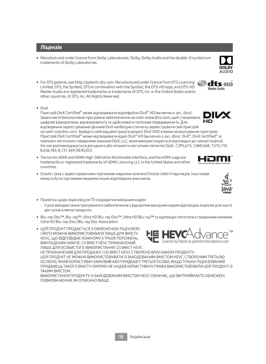 Samsung UBD-M8500/RU manual Ліцензія, 15 Українська 