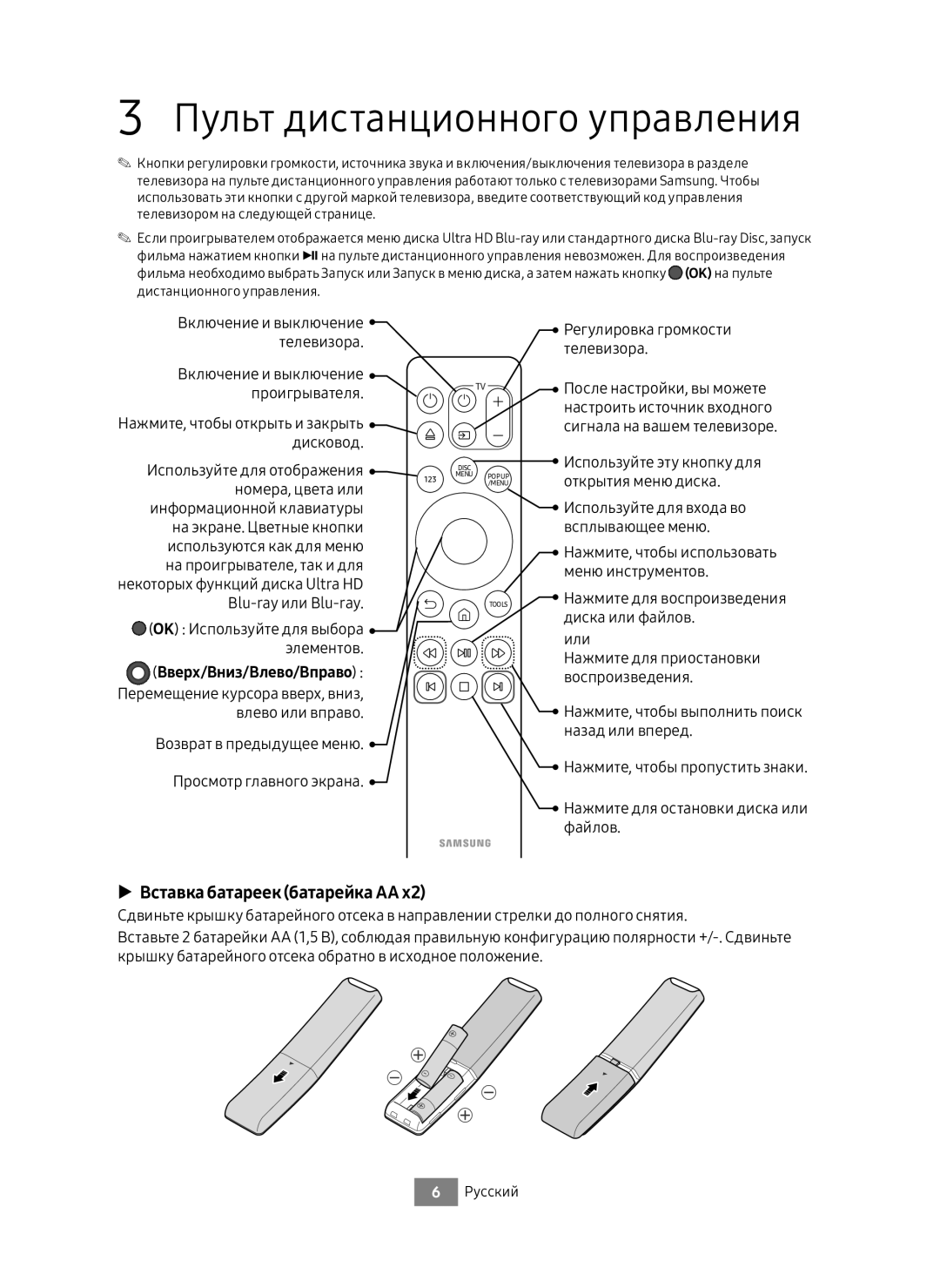 Samsung UBD-M8500/RU manual Пульт дистанционного управления, Вставка батареек батарейка AA, Вверх/Вниз/Влево/Вправо, Или 