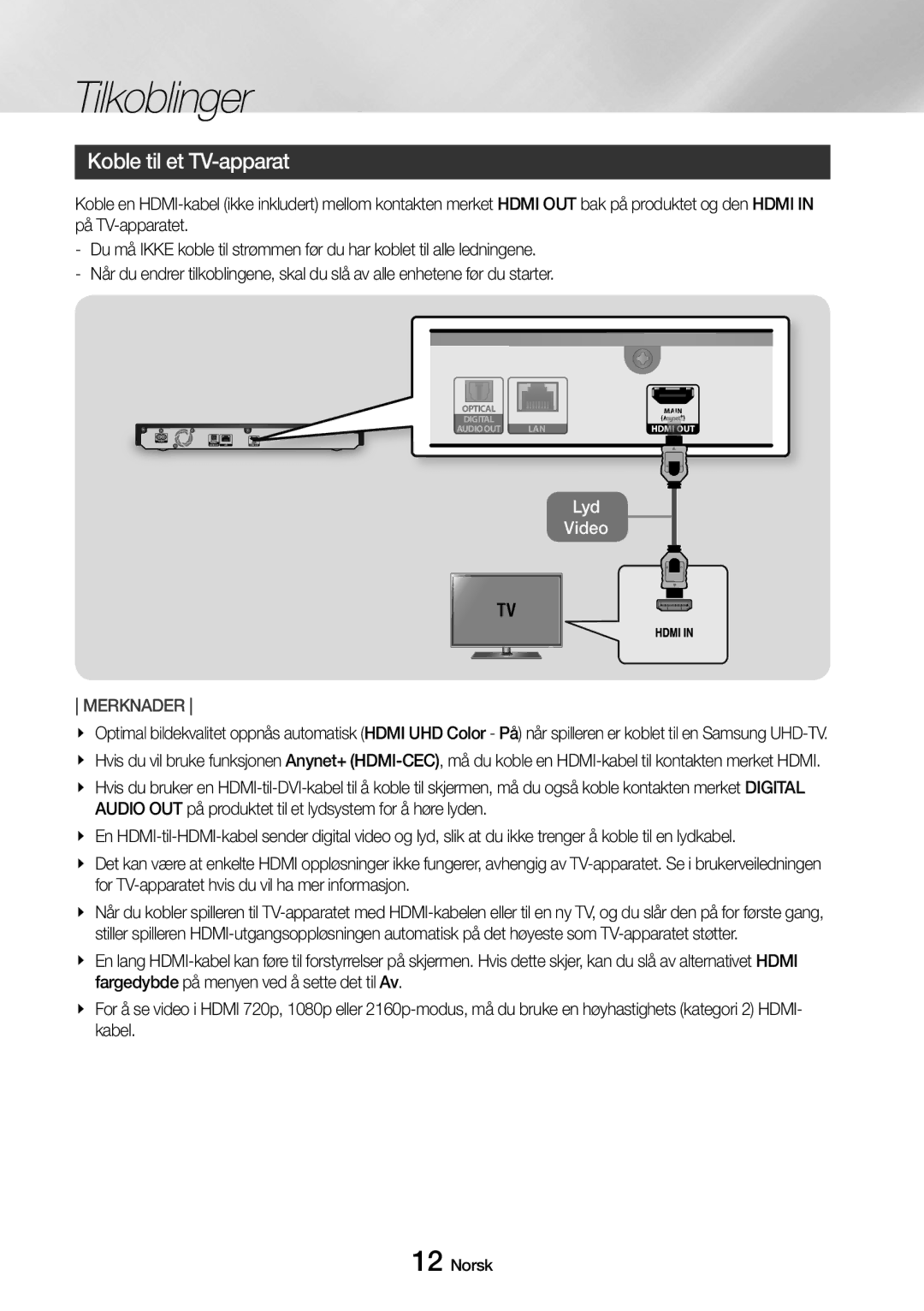 Samsung UBD-M8500/XE manual Tilkoblinger, Koble til et TV-apparat 