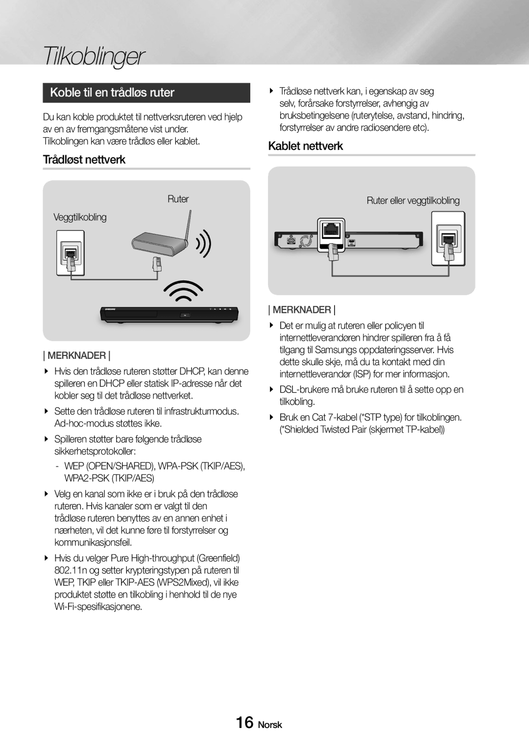 Samsung UBD-M8500/XE manual Koble til en trådløs ruter, Trådløst nettverk, Kablet nettverk 