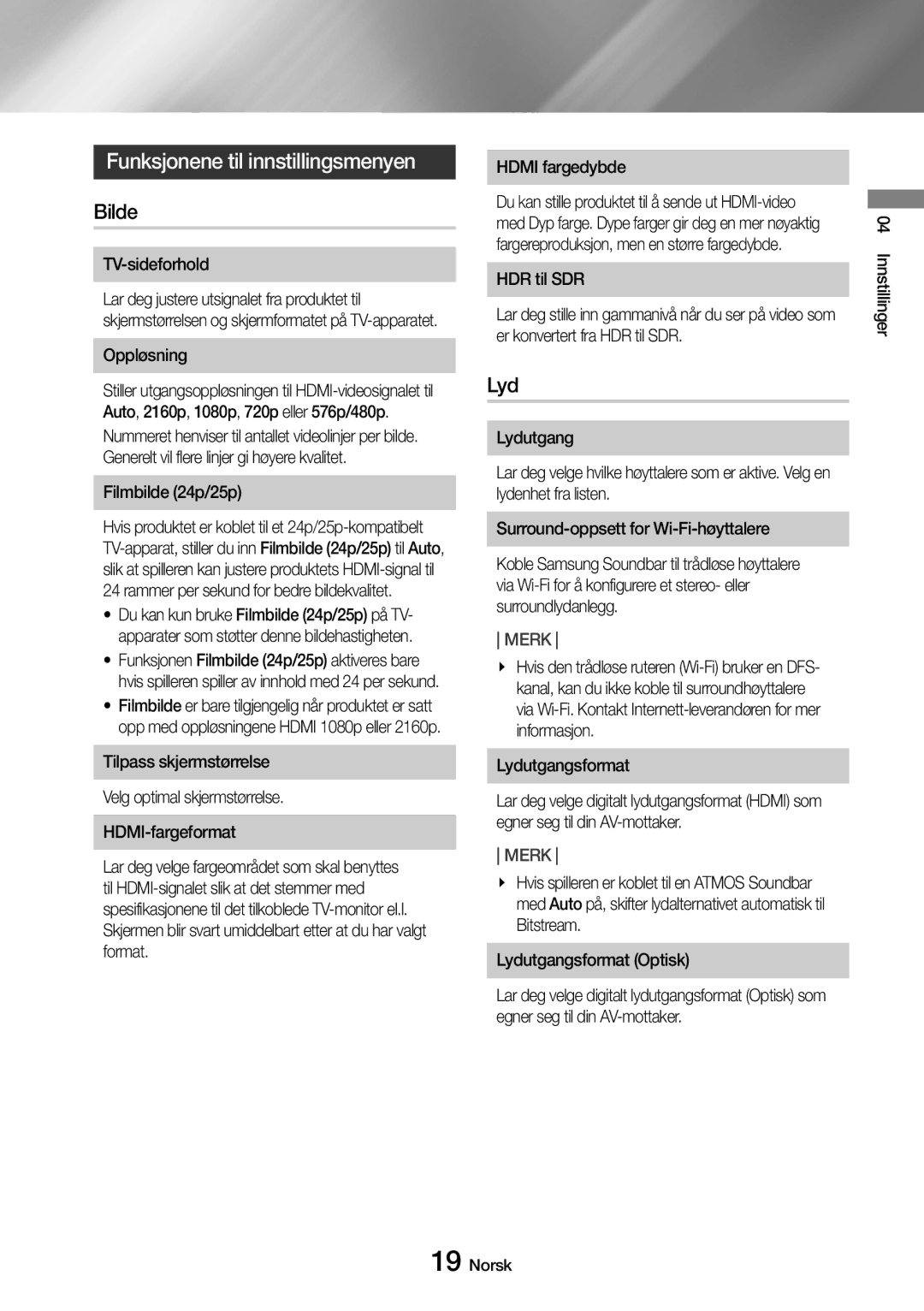 Samsung UBD-M8500/XE manual Funksjonene til innstillingsmenyen, Bilde, Lyd 