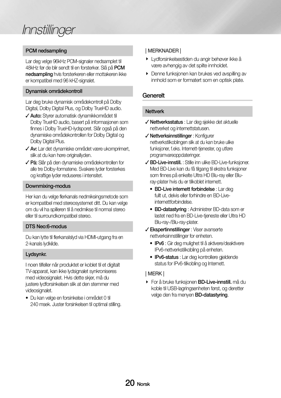 Samsung UBD-M8500/XE manual Generelt, PCM nedsampling, Dynamisk områdekontroll, Downmixing-modus 