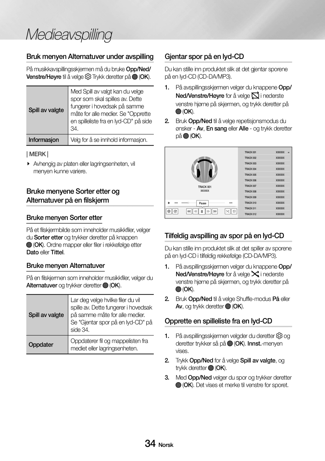 Samsung UBD-M8500/XE manual Bruke menyene Sorter etter og Alternatuver på en filskjerm, Gjentar spor på en lyd-CD 