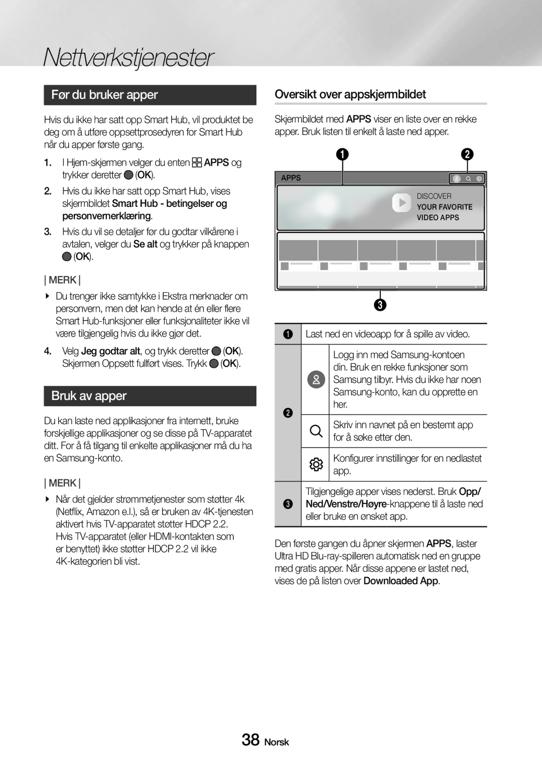 Samsung UBD-M8500/XE manual Før du bruker apper, Oversikt over appskjermbildet, Bruk av apper 