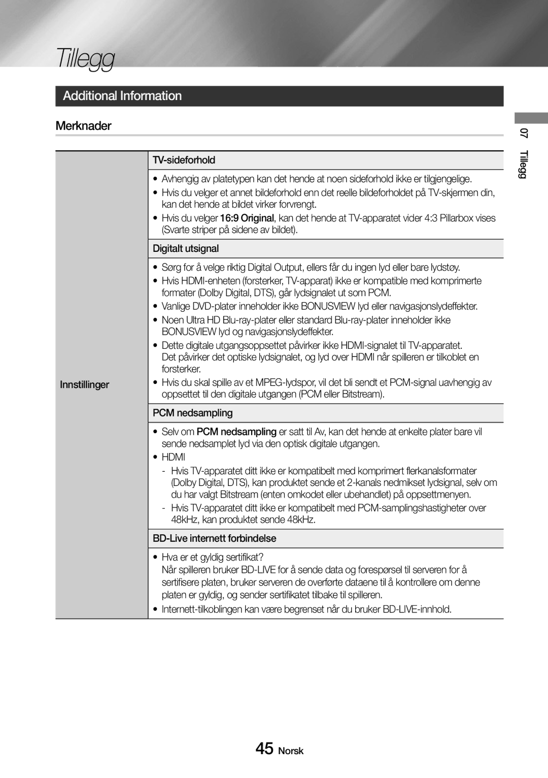 Samsung UBD-M8500/XE manual Tillegg, Additional Information, Merknader 